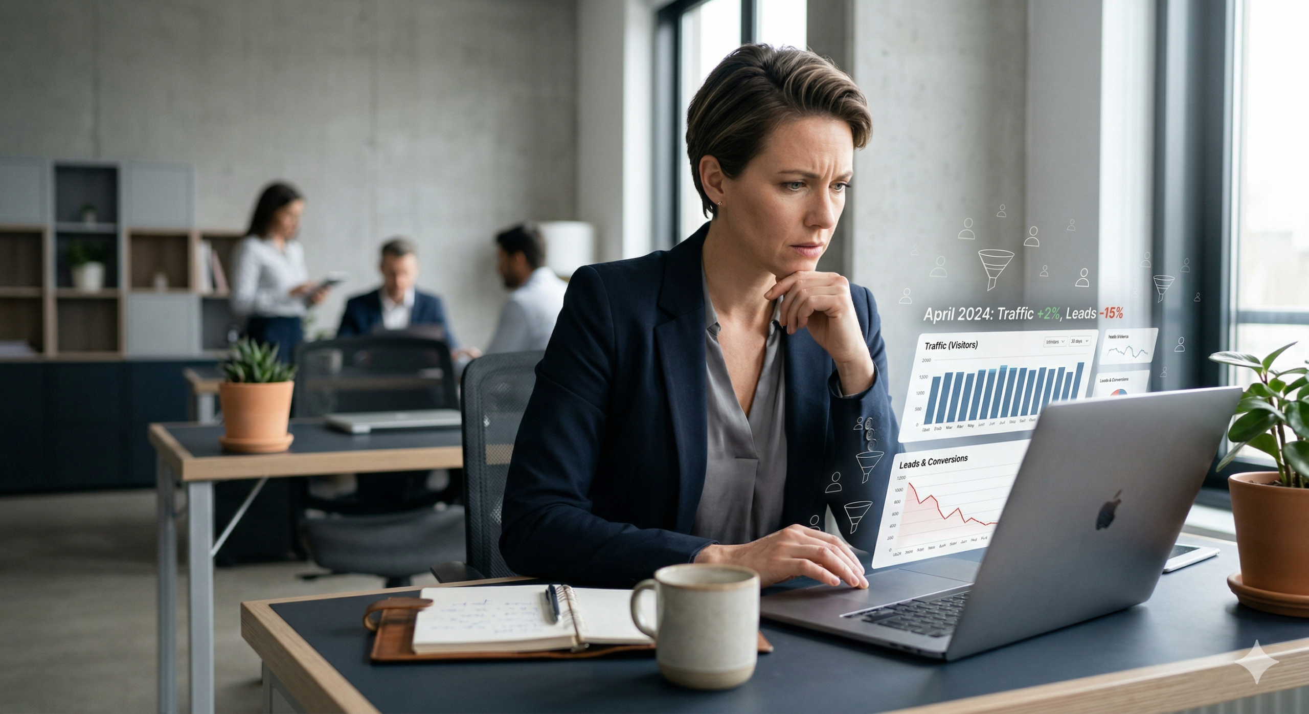 Business owner analyzing website traffic but low leads on analytics dashboard