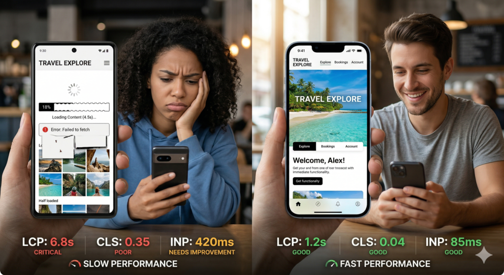 Slow vs fast mobile website loading experience comparison